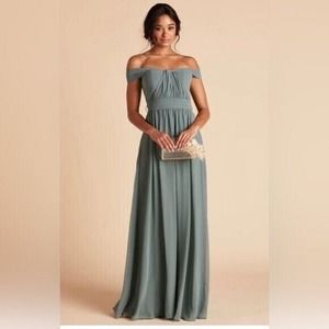 Birdy Grey Sage Green Off-Shoulder Dress (hemmed to 5’2” person w/ 3.5” heels)